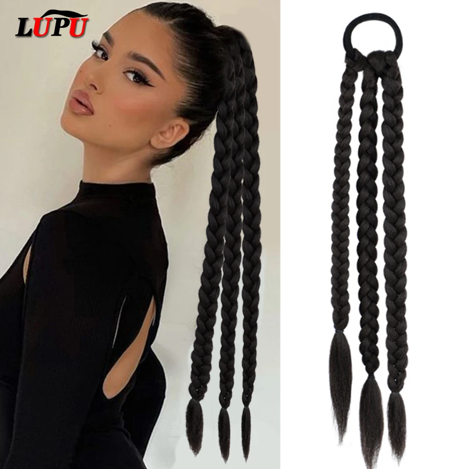 LUPU Synthetic Boxing Twist Braiding Hair Ponytail Extensions Natural False Fake Hair Pony Tail Hairpieces for Women Black Brown