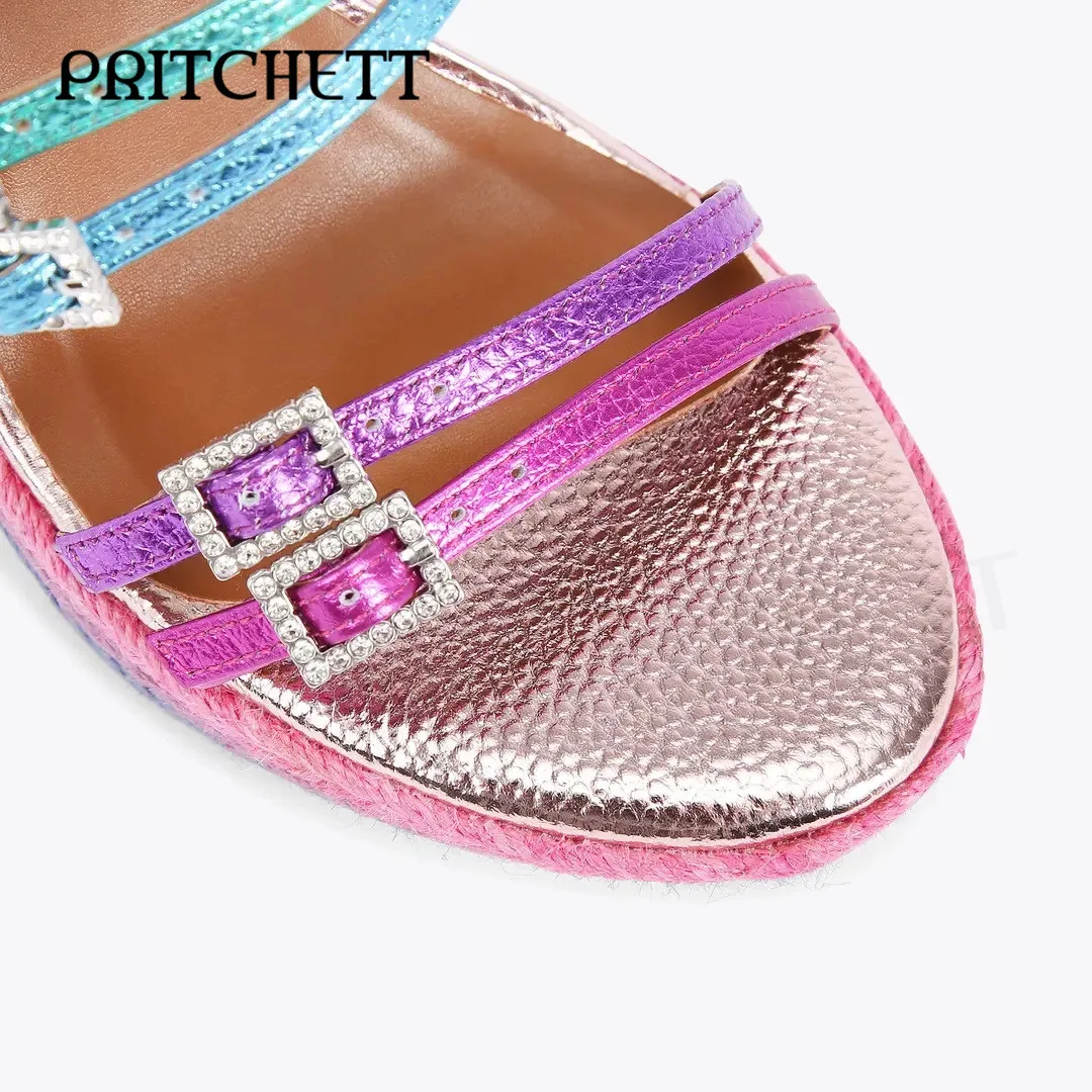 Rainbow-Print Espadrille Leather Wedges Sandals Silver Gemstone Buckle Strap Sandals Ankle Button Buckle Fashion Ladies Shoes