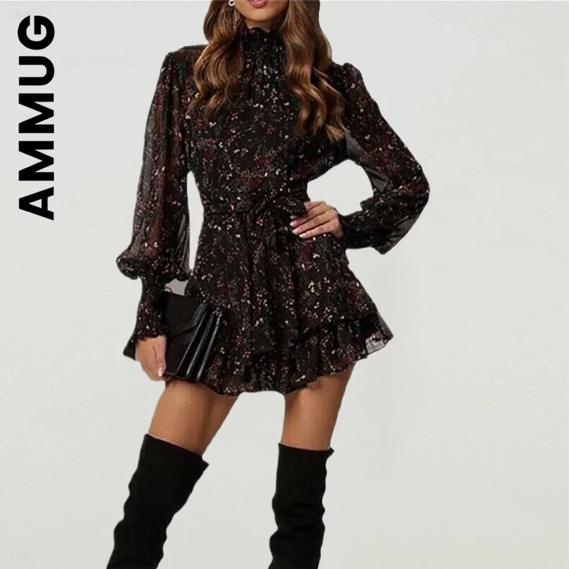 

Ammug Dress Fashion Women Dresses Chic Long Sleeve Chiffon Perspective Floral Print Dress Soft Vestidos Clothing Female