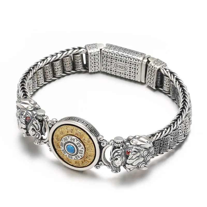 

New S925 Sterling Silver Antique Bracelet Bagua Om Mani Padme Hum Vintage Fashion Trendsetter Accessories