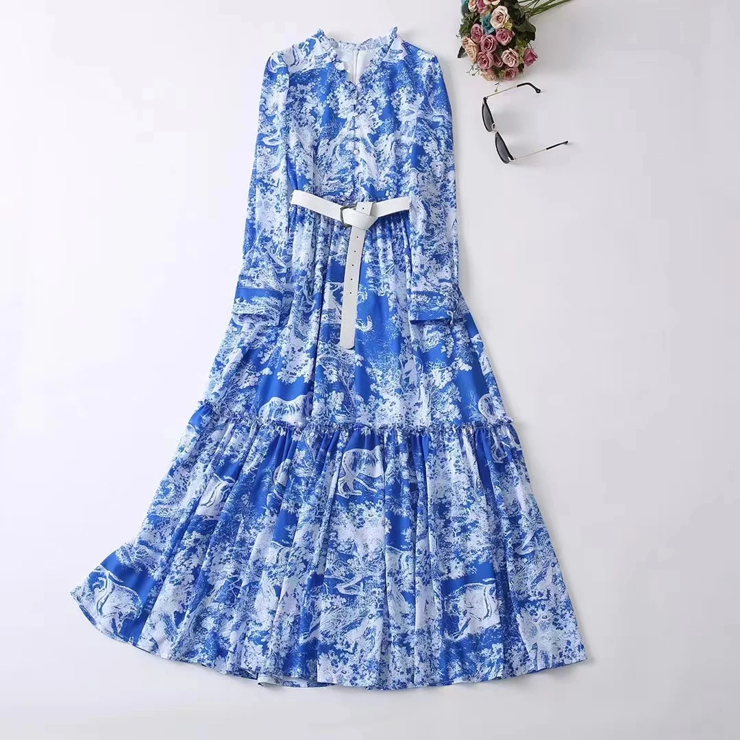 New European and American women's wear for winter 2022  Long sleeve V-neck blue animal print  Fashion pleated belt dress