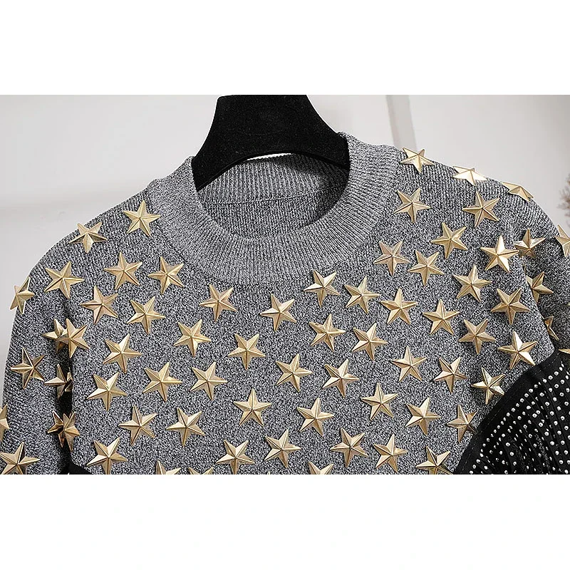 Модные черные серые вязаные наряды женский свитер с цепочкой и длинными рукавами