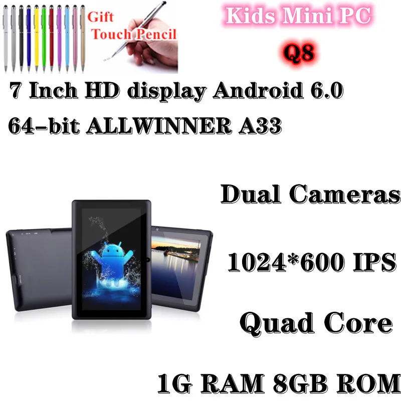 

7 inch Portable Q8 Android 6.0 Tablet PC Quad Core 1GB RAM 8GB ROM ALLWINNER A33 Tab 1024 x 600IPS With Dual Cameras
