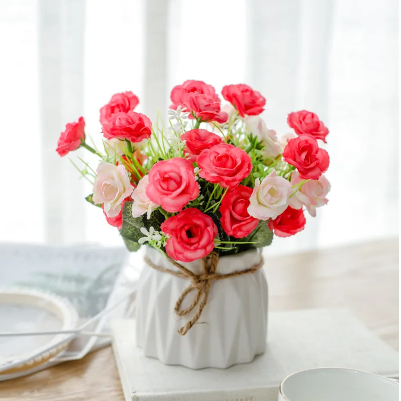 

Artificial Flowers With Ceramics Flowerpot Wedding Home Decor Living Room Balcony Table Accessories Garden Decoration Outdoor