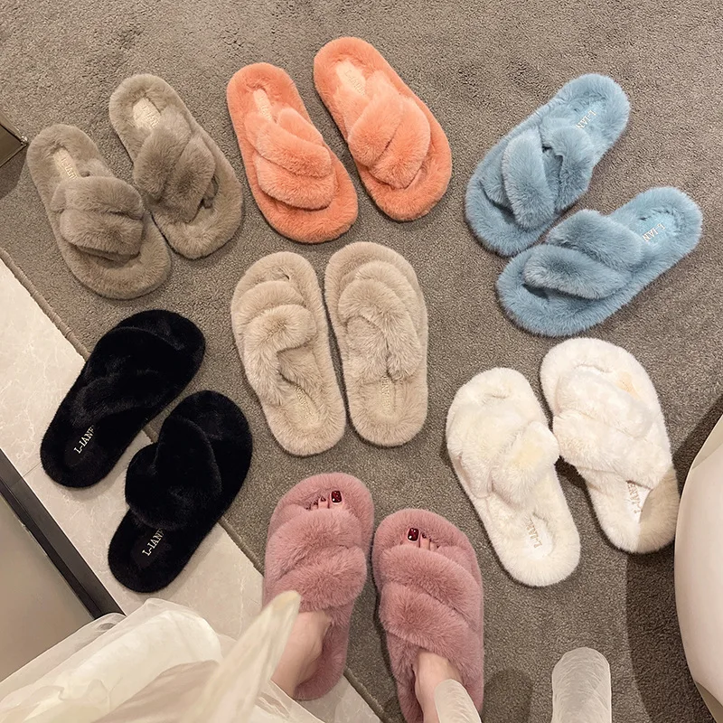 

2022 New Wool Slippers Women's Outer Wear Fashion Platform Shoes Cross Home Slippers One-word Plus Size Slippers Chinelos Planos