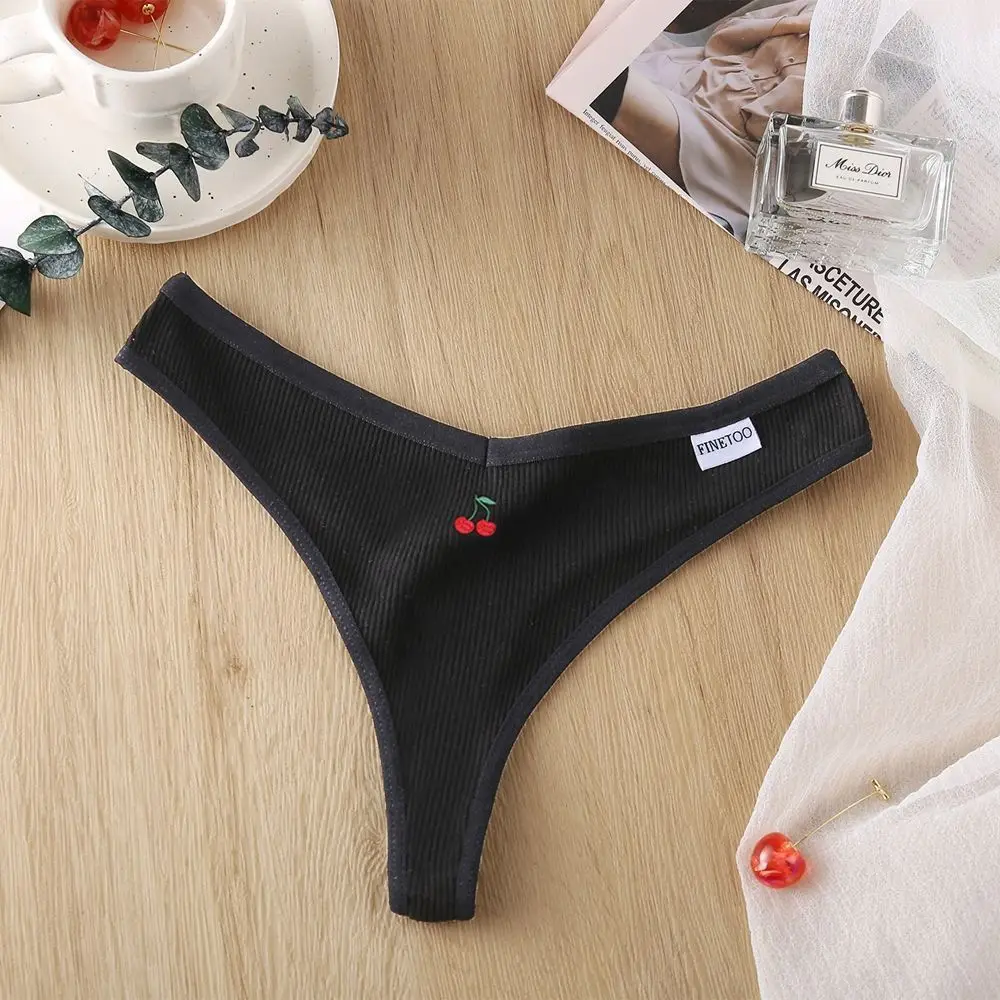 

New Cute Embroidery Apple Cherry Fruits Cotton Panties Sexy Thread Low Waist G-string Simple Solid Color Underwear for Female