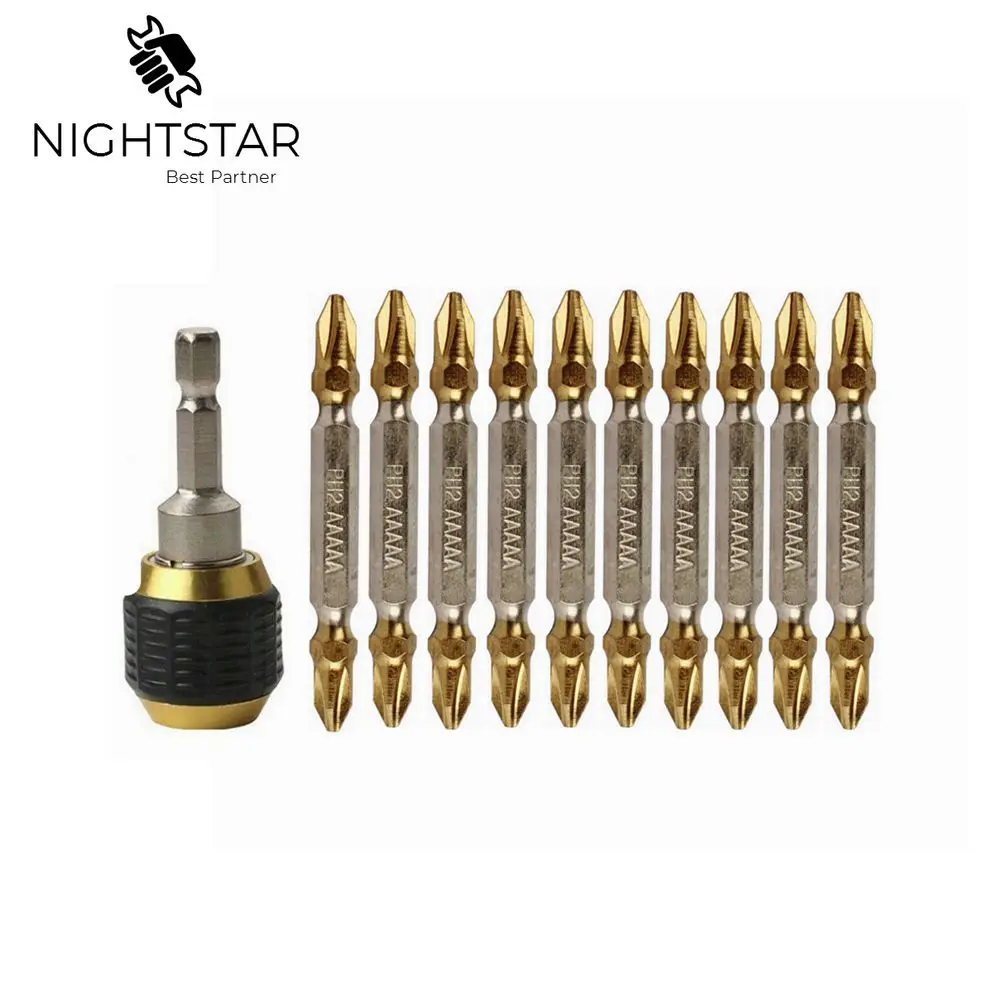 11Pcs 65mm Titanium Coated PH2 Cross Double Head Screwdriver Bits + Drill Chuck 1/4 Hex Shank Quick Change Connector