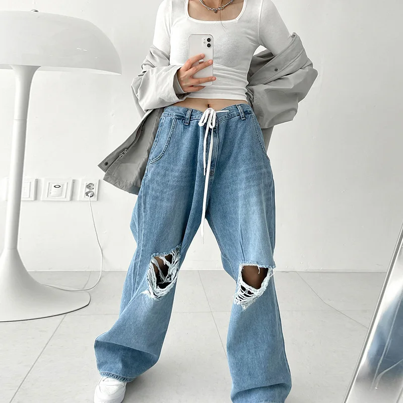 

Vintage Ripped Jeans Streetwear Cutout Straight Low Rise Baggy Mom Jeans Y2k Aesthetic HipHop Cargo Pants Basic Trousers