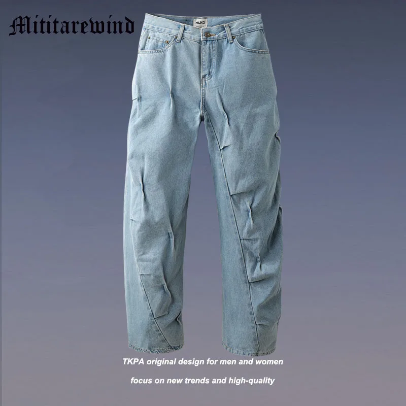 

Hip Hop Pleated Vintage Retro Distressed Wash Men Pants High Street Y2k Solid Streetwear Loose Male Jeans Casual Baggy Trousrs