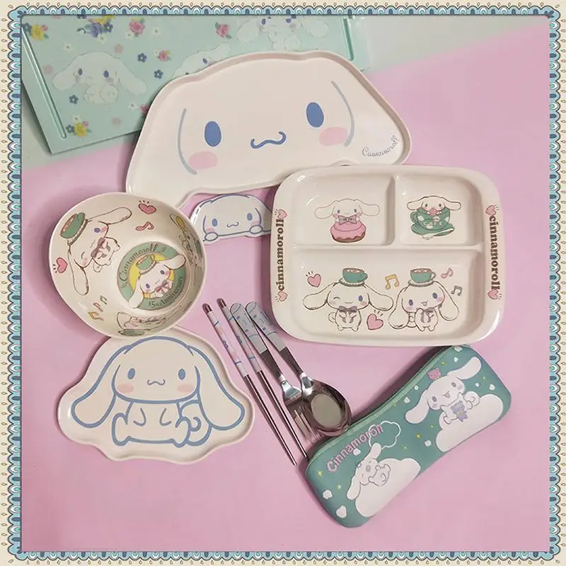 

Cartoon Cinnamoroll Child Baby Tableware Breakfast Plate Kawaii Anime Rice Bowl Suit Western Plate Tray Kitchen Household Items