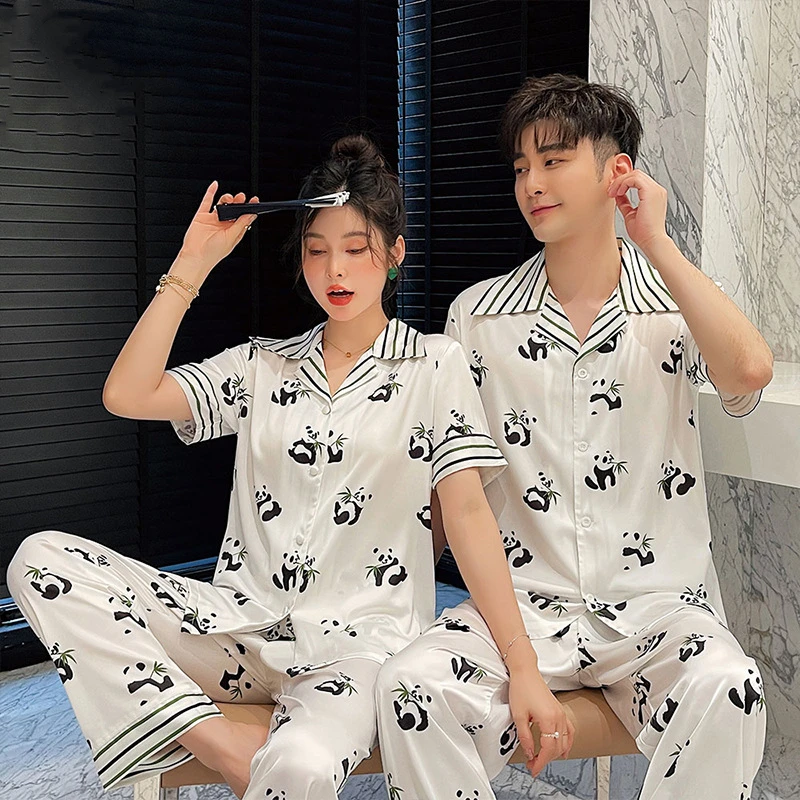 

Panda Couple Pajamas Set Ice Silk Sleepwear Summer Suit Women's Casual Loungewear Men's Pijamas Homewear Plus Size Pj Set