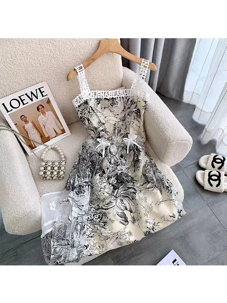 

2023 Summer Sexy Backless Slash neck Embroidery Print Suspender Dresses Vestido Women's French Elegant Dress Female Clothes