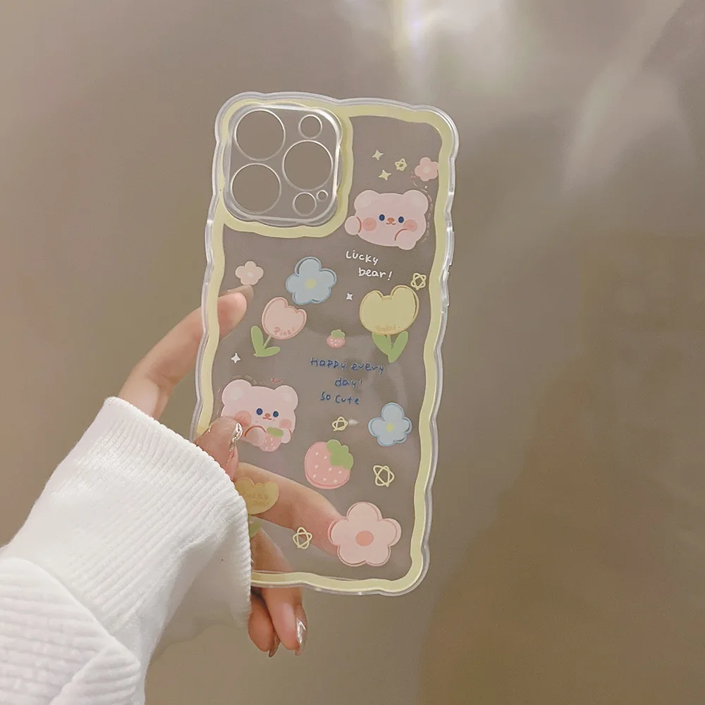 

Cute Cartoon Strawberry flower Bear Wavy Frame Phone Case For iPhone 11 12 13 Pro Xs Max Xr X 7 8 Puls SE 2 Soft TPU Cover