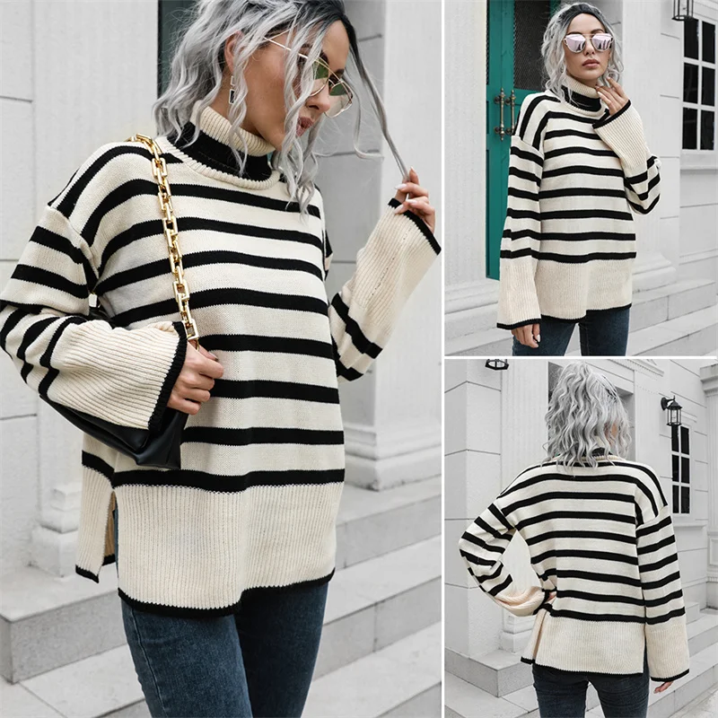 

ILARES Women's Turtleneck Winter Clothes Women Pullover Korean Fashion Long Sleeve Top Thick Sweaters Tops Striped Sweater Y2k