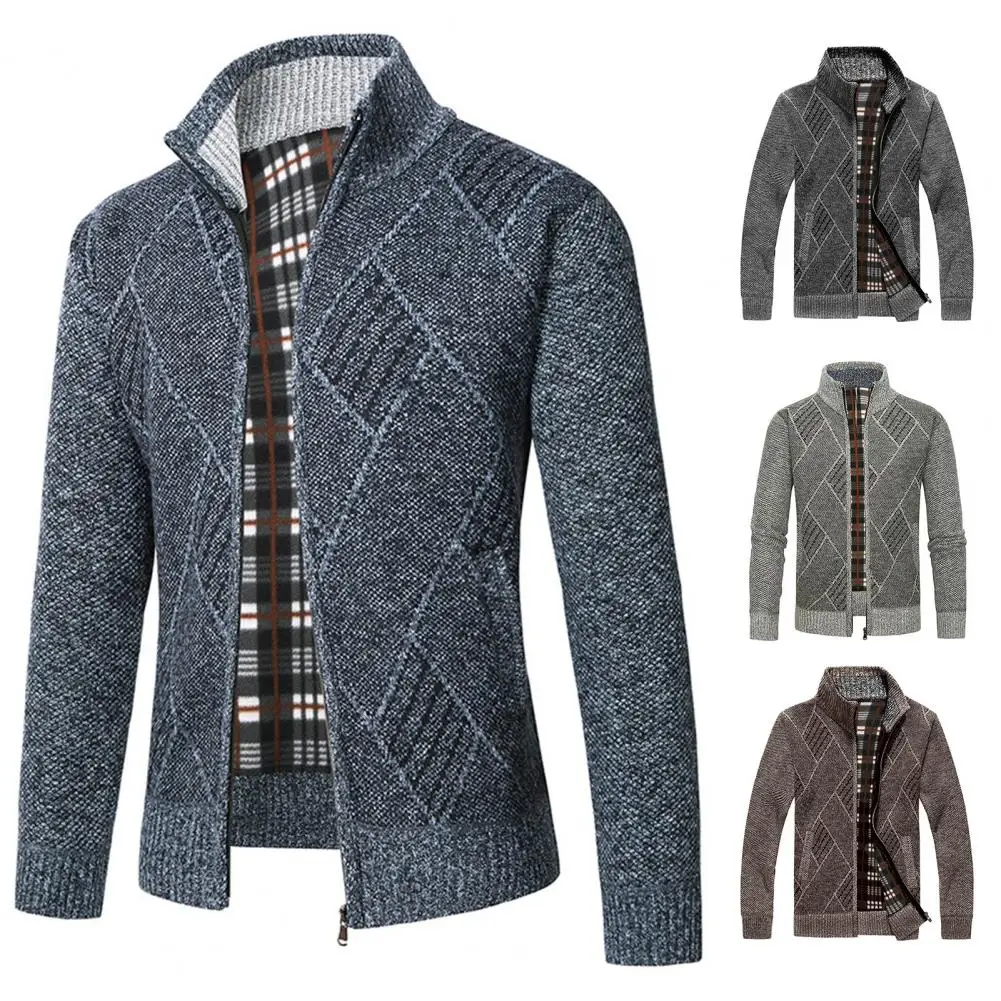 

Winter Jacket Stylish Men's Geometric Print Cardigan Sweater Thick Knitted Stand Collar Zipper Closure for Fall/winter Men