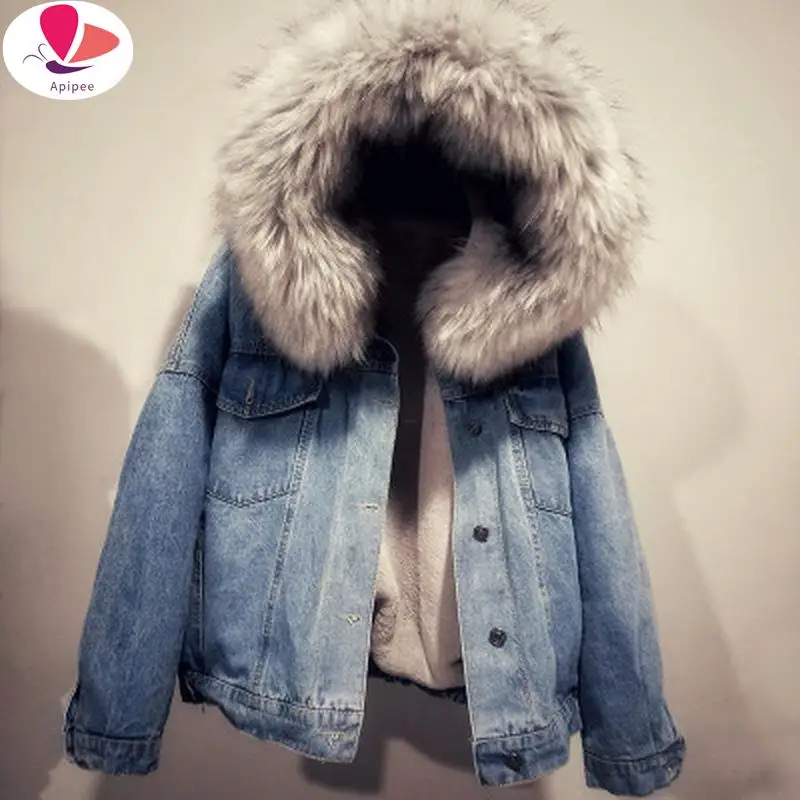 Джинсовая куртка женская зимняя джинсовая короткая теплая бархатная пушистая
