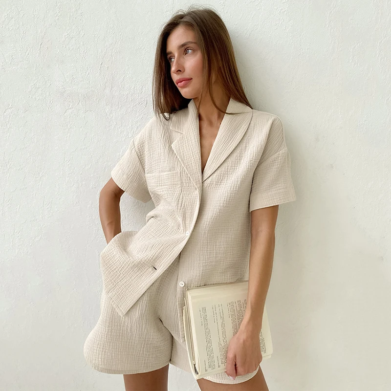 

100% Cotton Gauze Two Piece Sets Womens Outifits Summer Casual Button Up Tops +Shorts Tracksuit Suit Streetwear Outwear