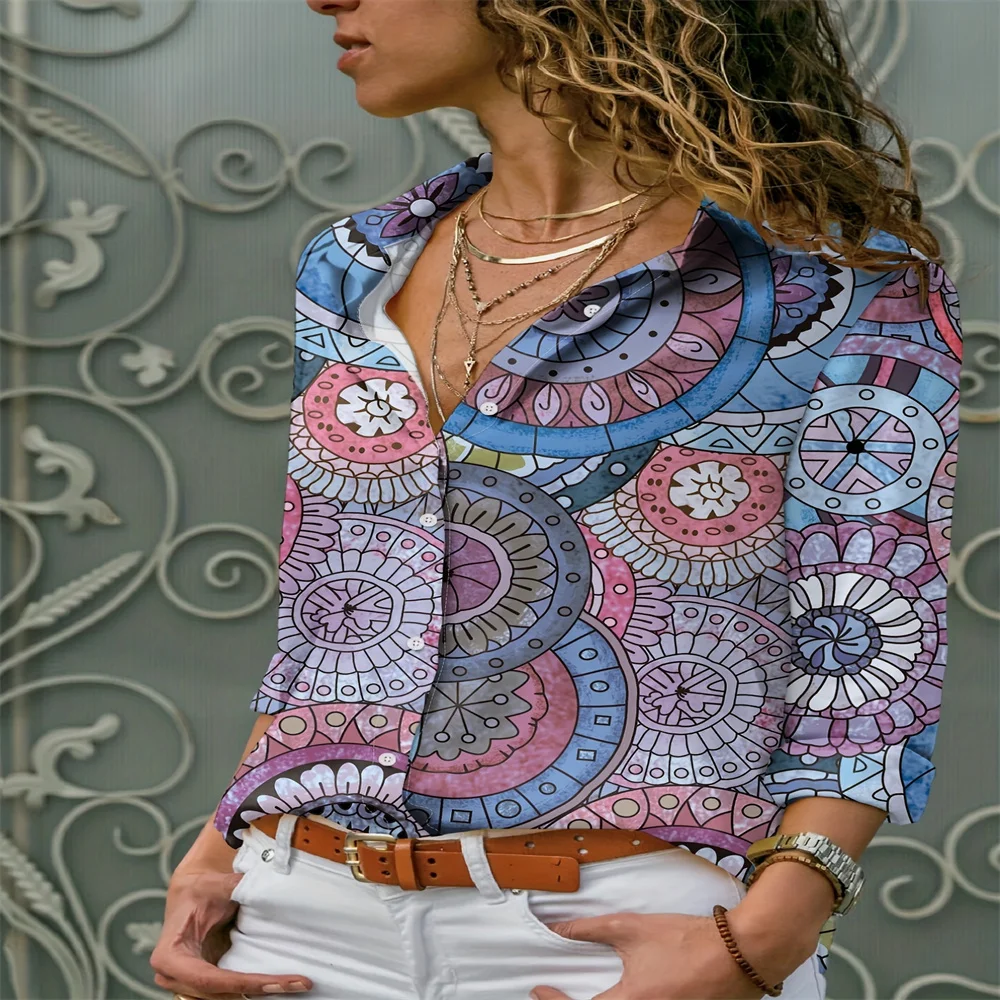 Women's Casual Versatile Printed Button Up Shirt 100% Polyester Collar Long Sleeved With Slight Elasticity In Spring/autum