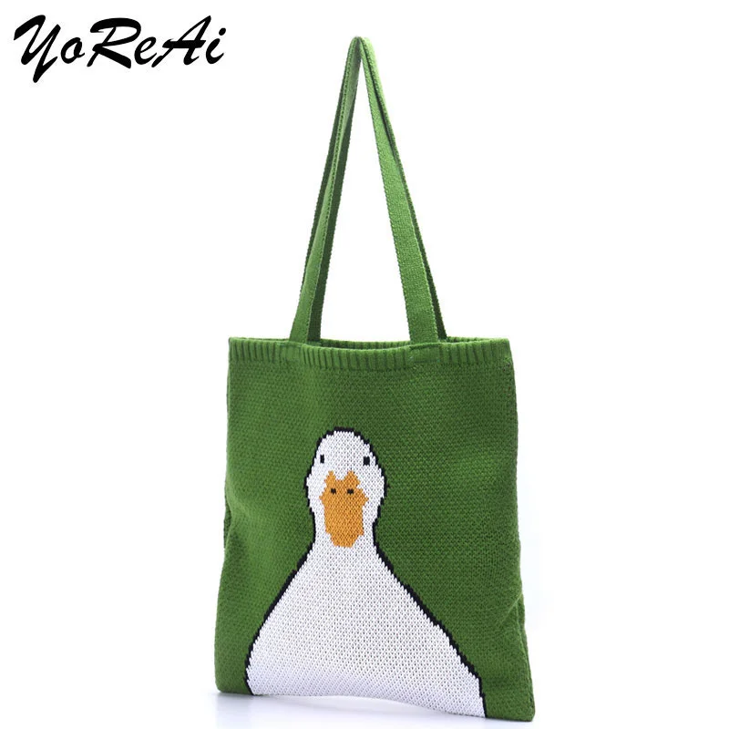 

Women Knitting Shoulder Bags Cute Duck Ladies Cartoons Handbag Casual Tote Literary BookBag Wool Shopping Bag For Girls
