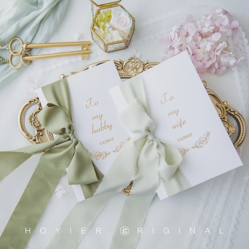 

2pcs Wedding Vows Card Favors Oath Book with Silk Ribbon Pen Pink Bride and Groom Romantic Love Party Rustic Marriage Decoration