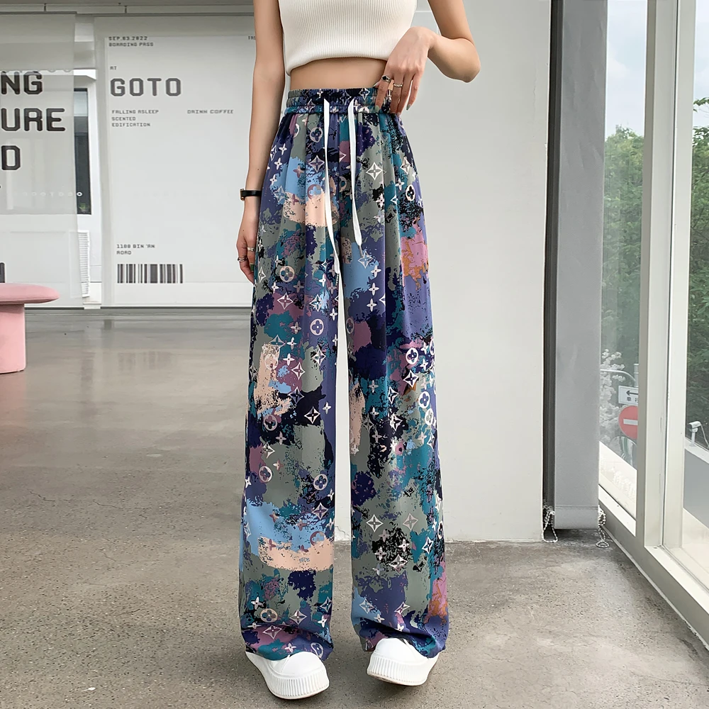 Vintage Printed Loose Straight Pants For Women High Waist Belted Wide Leg Trousers Summer Thin Pants Female Pantalones 9201