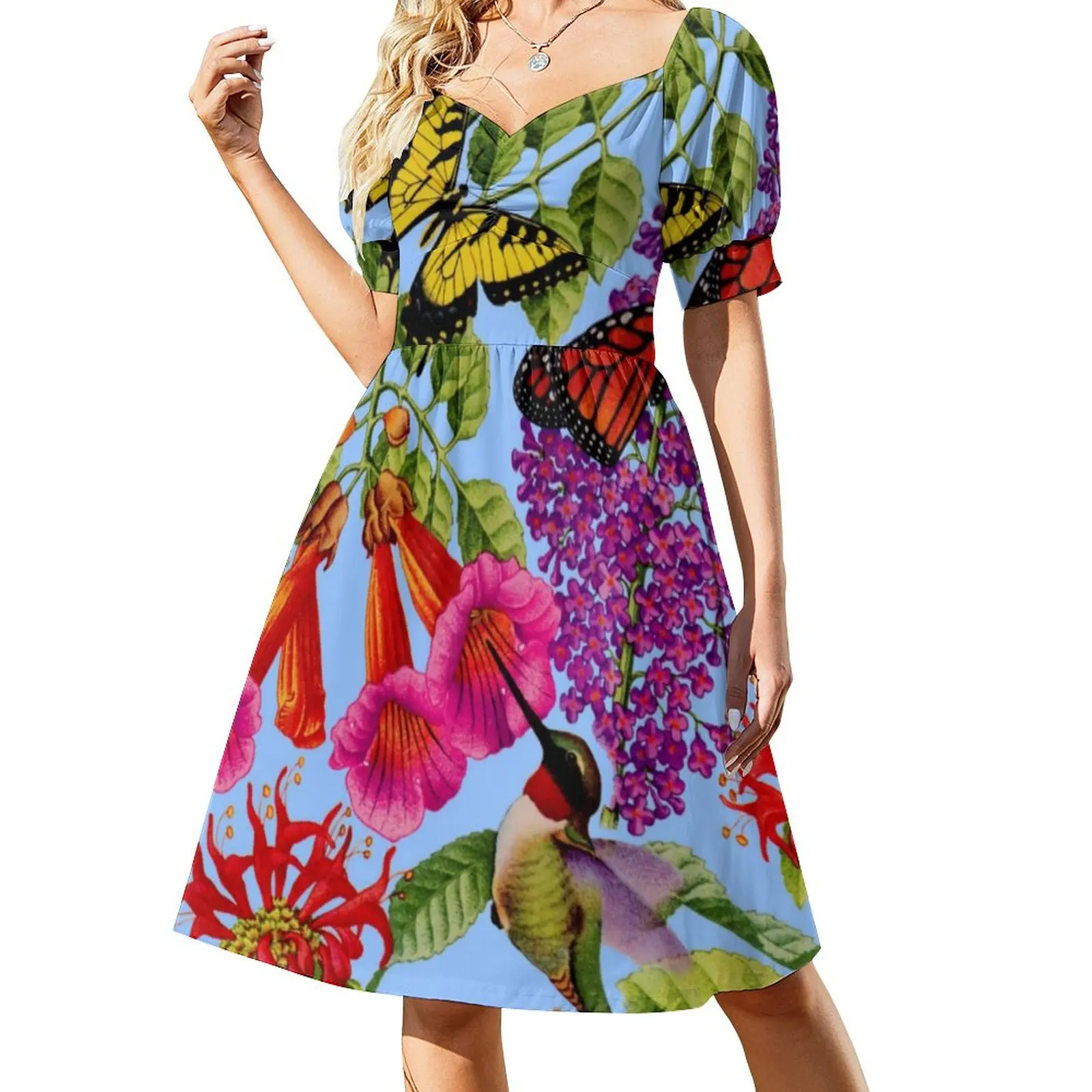 

Bees Balm Dress Butterfly Bird Flower Pinrt Kawaii Dresses Women Short Sleeve Street Wear Casual Dress V Neck Big Size Clothing