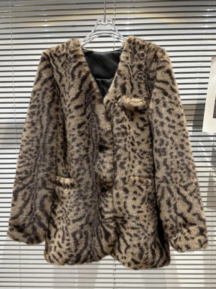 2022 Winter New Leopard Print Environmental Protection Fur Jacket Temperament Socialite Long Sleeve Mid-length Warm Fur Coat