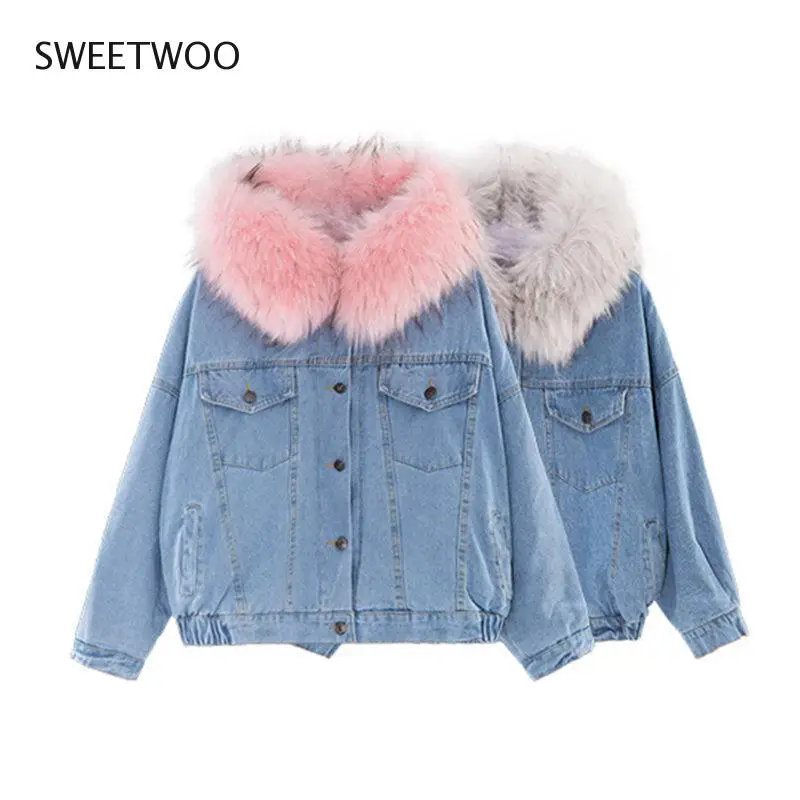 2022 Big Faux Fur Collar Denim Jacket Women Winter Hooded Warm Jean Jacket Student Basic Short Parkas Female Bomber Coat Tide