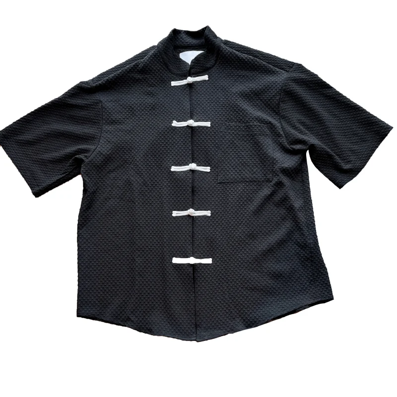 Chinese Style Buckle Shirts for Men 2022 Summer Short Sleeve Stand Collar Loose Shirt Casual  Social Oversized Tops Men Clothing
