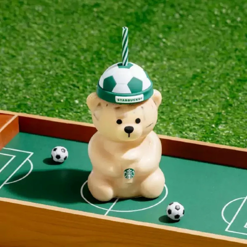 Фото Стакан Starbucks Bear Glass Straw Cup 591 мл с крышкой в виде футбольного шлема, полосатой соломинкой, прозрачный, из высококачественного боросиликатного стекла, портативный, для напитков №1