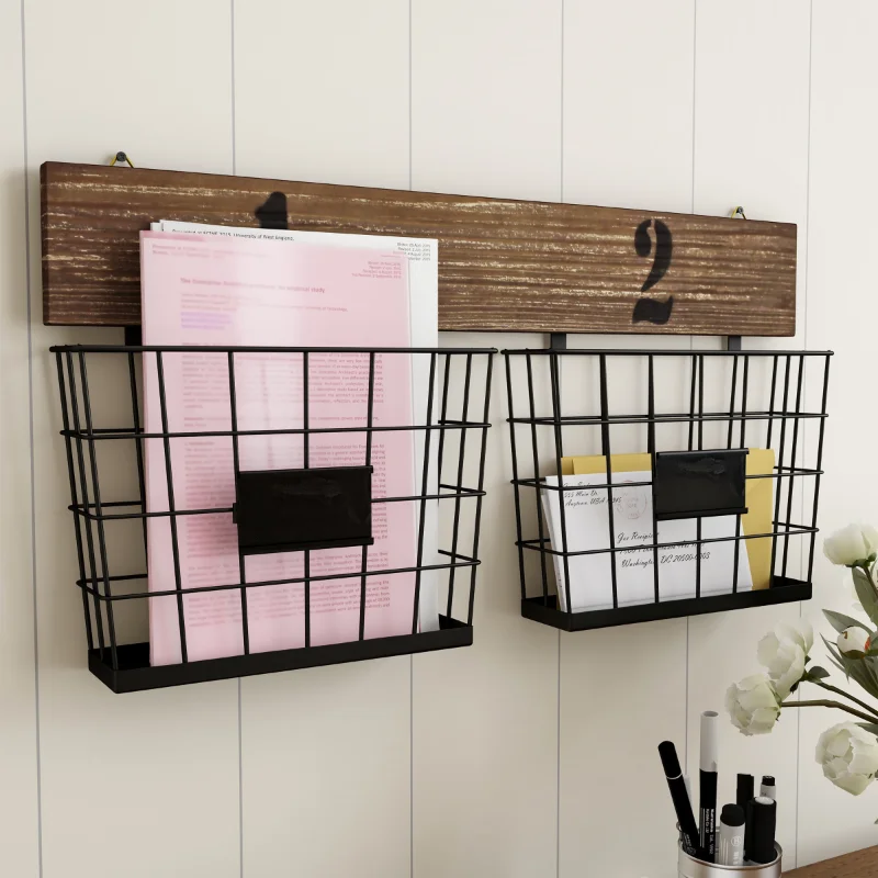 Storage Basket Hanging Double Wire Basket Organizer Wall Mount Storage Rustic Style Multi-Use Bin for Entryway Office Home Decor