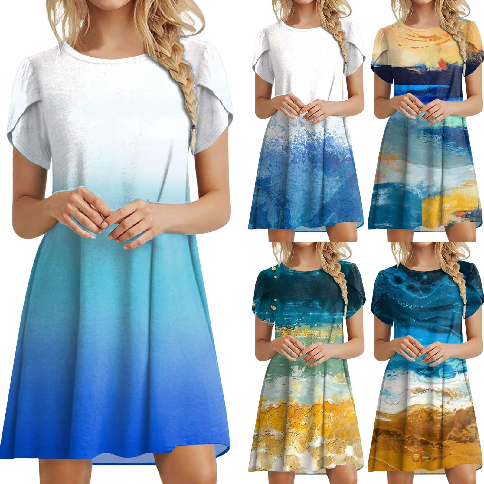 

Womens Petal Sleeve Dresses Casual Comfy Dress Crewneck Swing Beach Dress With Pockets Download Dresses