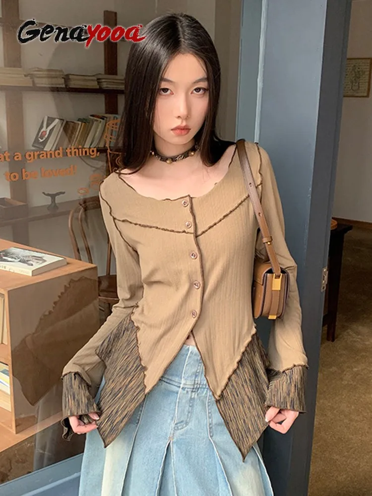 

Женская Винтажная футболка в стиле пэчворк Genayooa, Осенние футболки в стиле ретро Y2k, уличная одежда в Корейском стиле, модные футболки 2000s