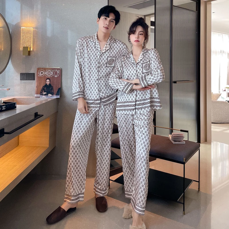 

Fiklyc Woman Man Printed Couple Pajamas Sets Satin Female Male Big Size Nightwear PJS Underwear Lounge Pyjamas Silky Home Cloth