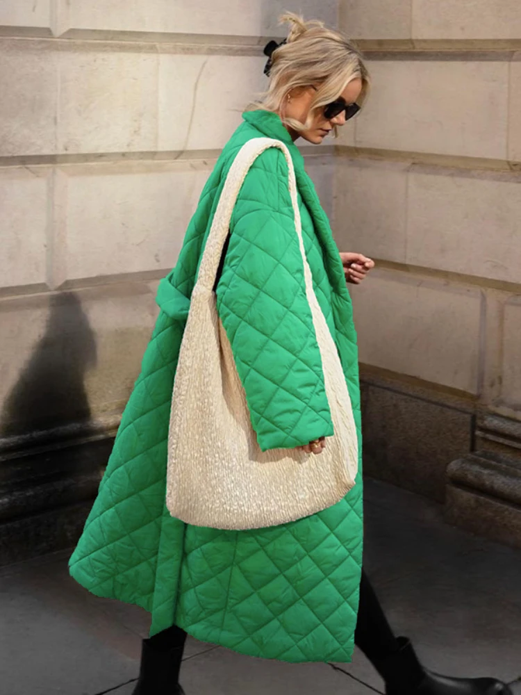 Fashion Oversize Argyle Pattern Green Parkas Coat with Belt 2022 Women's Casual Down Cotton Jacket Winter Ladies Long Outwear