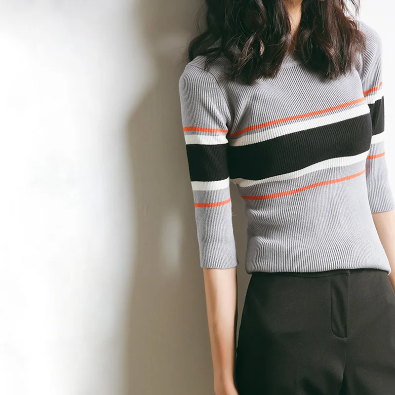 

Half Sleeve Ribbed Sweater Women Color Block Knitted Tops Pullover Spring Summer