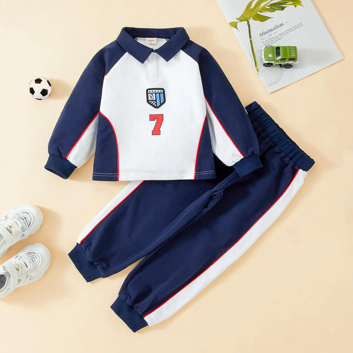 

hibobi 2Pcs Clothes Set 2022 New Toddler Boy Color-block Number Printed Long Sleeve Polo Shirt & Pants