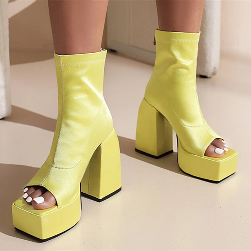Soft Comfortable Peep Toe Shoes Boots for Women Square High Heel Platform Shoes Ankle Boots Daily Work Shoes Back Zipper 43