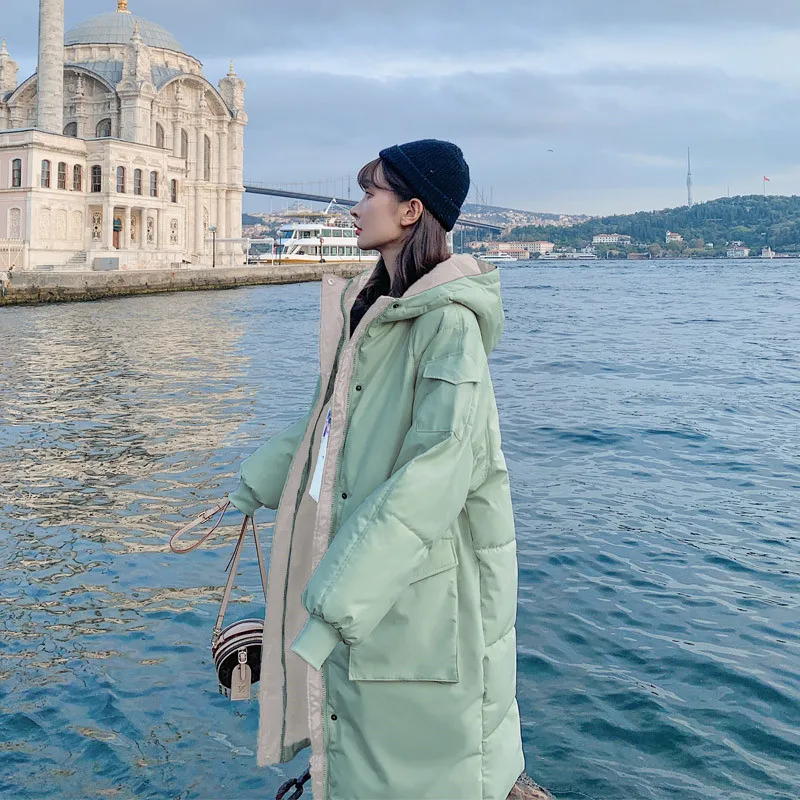 

2023 зимняя модная длинная одежда для хлеба, пуховик, женские парки с капюшоном, корейское свободное плотное теплое пальто с хлопковой подкладкой для дам H747