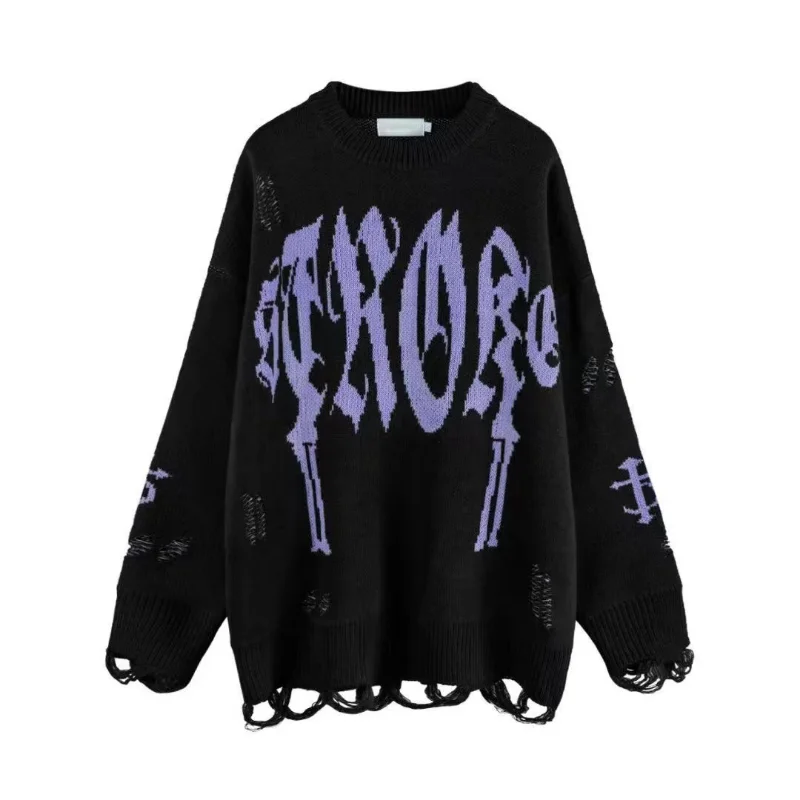 

2022 Harajuku Punk Hip Hop Vintage Sweater Women Autumn Lazy Wind Tassel Hole Couple Pullover Ins Street Trend Loose Sweater 90s