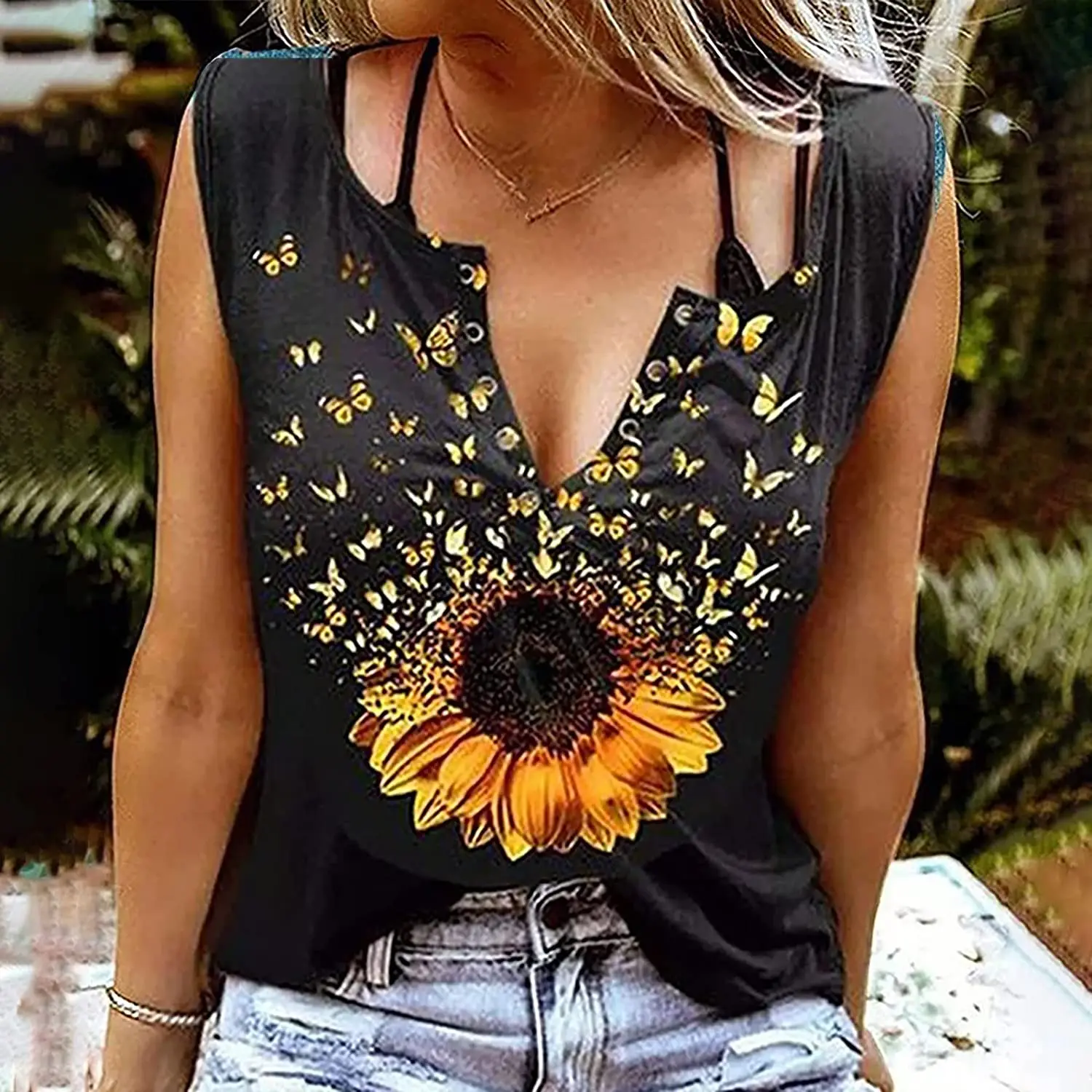 

2022 Summer New Women's V-neck Sleeveless Vest Temperament Casual Slimming Joker Printed Ladies T-shirt Top