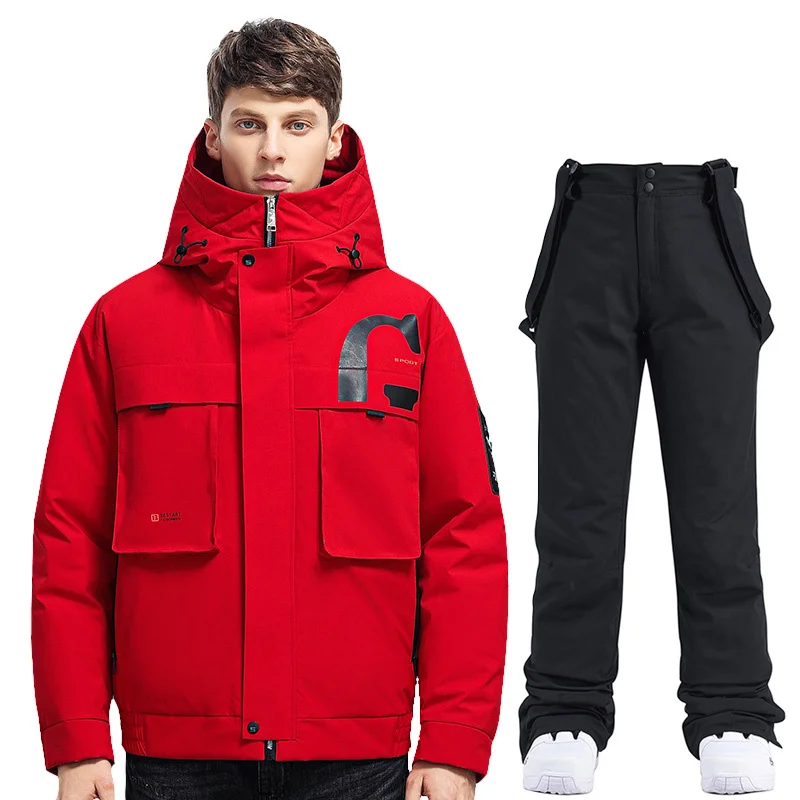 Clothes Warm Waterproof White Duck Down Men Outdoor Snow Jacket +ski Strap Pants