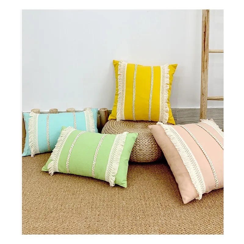 

Tassel Cushion Cover Solid Striped Throw Pillow Covers Decorative Pillow Case for Sofa-Chair-Seat- Bed Living Room Decoration