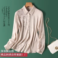 long sleeve blouse high quality silk spandex embroidery prairie chic poplin turn down collar button up shirt thin