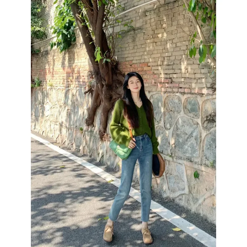 Новый Винтажный осенний вязаный кардиган с V-образным вырезом