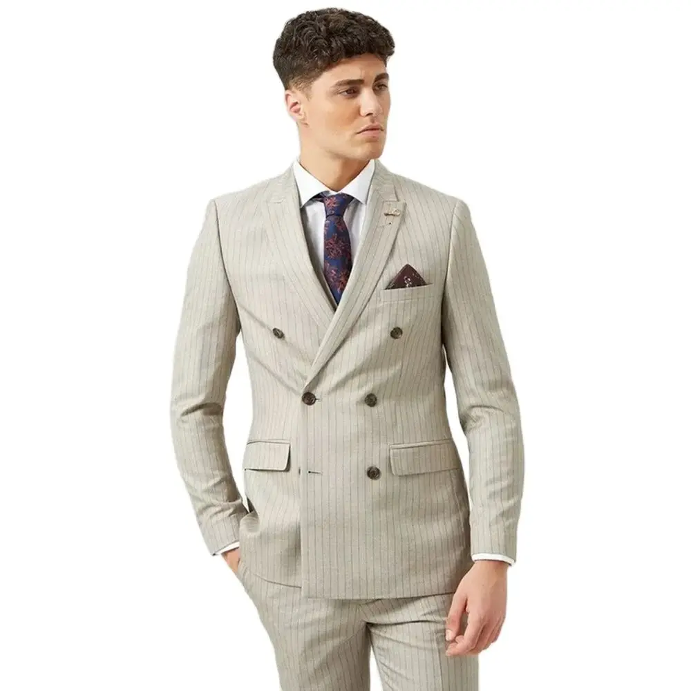

New Arrival Men's Peak Lapel Striped Suits Custom Made Double Breasted Bridegroom Wedding Wear 2 Pieces Slim Fit (Jacket+Pants)