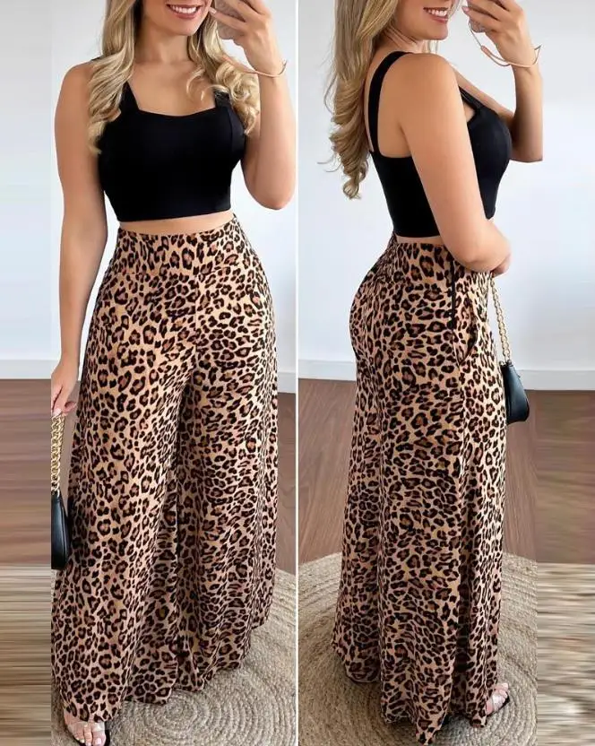 

Traf 2023 Woman Summer Outfits Sexy Pant Sets for Women Crop Black Tank Top & Leopard Print Wide Leg Long Pants Culotte Set