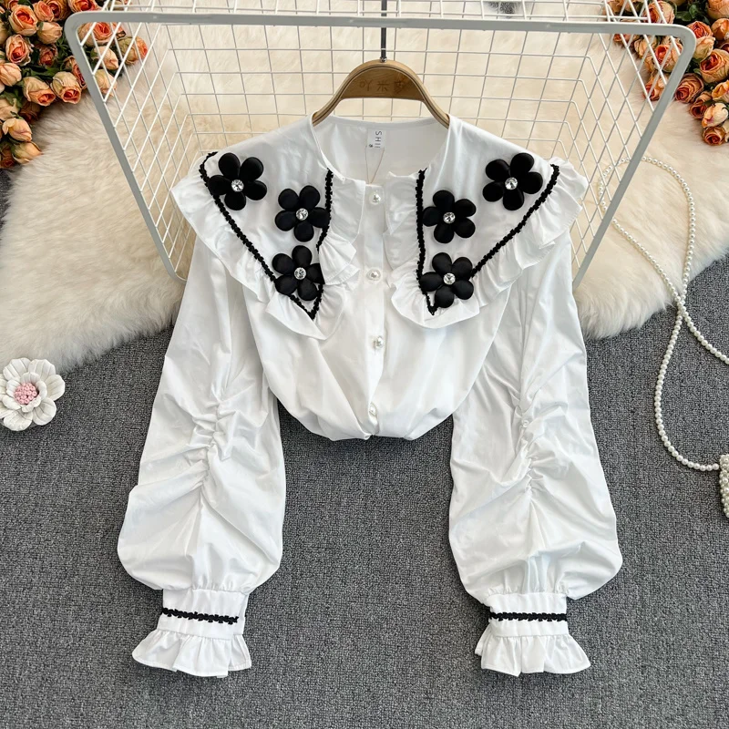 

2022 Summer New Elegant Sweet Flower Appliques Ruched Long Sleeve Lapel Women Shirts Korean Fashion Casual White Tops
