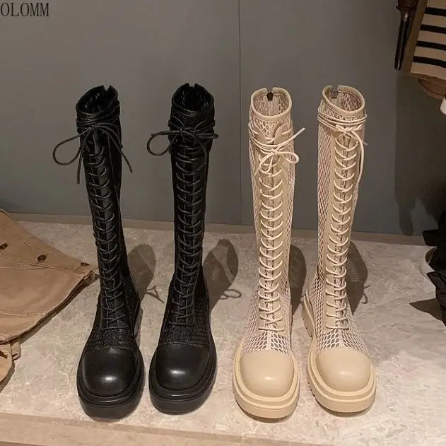 

Summer women's mesh breathable platform lace-up rider boots woman shoes high heels sexy platform boots thigh high flat boots