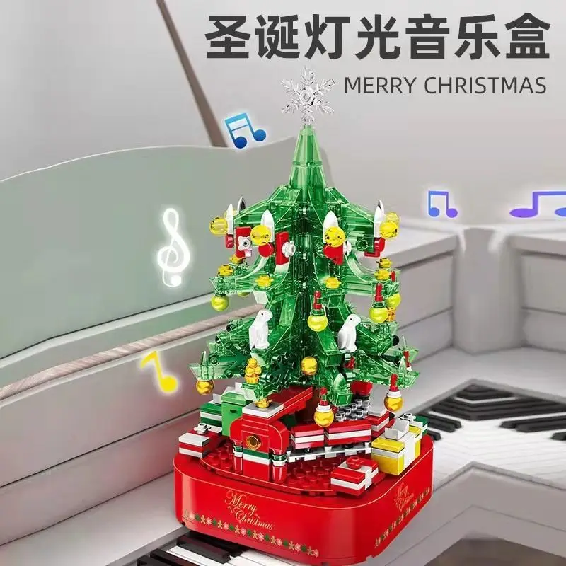 

City Christmas Tree Rotating Music Box Building Blocks Friends Santa Claus LED Light Shining Xmas Bricks Toys for Children Girls